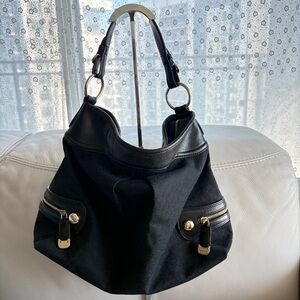 DKNY JUMBO BLACK LEATHER NYLON SHOULDER HOBO BAG